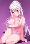  1girl absurdres azur_lane bare_legs barefoot bra breast_hold breasts choker cleavage dunkerque_(azur_lane) gradient_background hair_between_eyes highres kneeling large_breasts long_hair origami_aya panties pink_bra pink_panties purple_background red_eyes sidelocks underwear underwear_only white_hair 