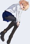  1girl arcueid_brunestud black_footwear black_pantyhose blonde_hair blue_skirt boots citron80citron full_body grey_background highres looking_at_viewer own_hands_together pantyhose red_eyes short_hair simple_background skirt smile solo sweater tsukihime tsukihime_(remake) white_sweater 