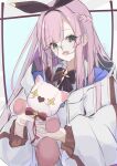  1girl :d absurdres arcaea bespectacled black_bow black_bowtie black_hairband bow bowtie braid collared_shirt culumi_0416 drawstring french_braid glasses green_eyes hairband highres holding holding_stuffed_toy hood hood_down hooded_jacket jacket kou_(arcaea) long_hair pink_hair shirt smile solo stuffed_toy upper_body white_jacket white_shirt 