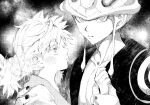  1boy 1girl arthropod_boy black_nails blind chimera_ant collarbone greyscale highres hunter_x_hunter komugi_(hunter_x_hunter) long_earlobes long_hair looking_at_another looking_at_viewer meco_hxh meruem monochrome nail_polish profile upper_body white_hair 