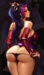  1girl ass bare_shoulders black_hair black_panties breasts cowboy_shot detached_sleeves from_behind hair_ornament highres large_breasts league_of_legends long_hair looking_at_viewer looking_back merellyne multicolored_background multicolored_hair mythmaker_sivir official_alternate_costume panties ponytail red_hair shiny_clothes sivir solo two-tone_hair underwear web_address 