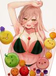  1girl against_glass apple arm_up armpits artist_name between_breasts bikini blonde_hair breast_press breasts breasts_on_glass cantaloupe cherry fang festa11307070 food food_print fruit grapes green_bikini highres long_hair looking_at_viewer nashi_pear naughty_face navel nijisanji nui_sociere open_mouth orange_(fruit) peach persimmon pineapple print_bikini skin_fang smile solo strawberry string_bikini striped striped_bikini suika_game swimsuit vertical-striped_bikini vertical_stripes very_long_hair virtual_youtuber watermelon_print white_background yellow_eyes 