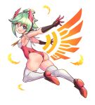  1girl ahoge ass azure_striker_gunvolt_2 black_footwear black_gloves blue_eyes breasts commentary cougar_(cougar1404) elbow_gloves energy_wings feathers flying from_side gloves green_hair headgear leg_up leotard looking_at_viewer looking_back medium_breasts open_mouth red_headwear red_leotard roro_(gunvolt) shoes short_hair simple_background smile solo thighhighs white_background white_thighhighs 