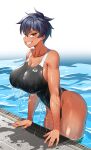  absurdres black_hair black_one-piece_swimsuit breasts cleavage collarbone competition_swimsuit covered_navel fingernails highres hitch_(perotoss) in_water large_breasts looking_at_viewer one-piece_swimsuit open_mouth original paid_reward_available pool sergeant_joo sharp_teeth short_hair slit_pupils smile swimsuit tan tanlines teeth tomboy wet yellow_eyes 