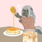  &lt;3 anthro badger clothed clothing container ekaki510 female food honey_(food) honey_badger honey_dipper jar kemono licking licking_lips mammal mustelid musteline pancake plate solo sweater tongue tongue_out topwear 