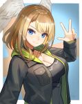  1girl absurdres black_choker black_jacket black_tank_top blue_eyes breasts brown_hair choker cleavage collarbone covered_navel devonrex eunie_(xenoblade) feathered_wings fingernails green_jacket head_wings highres jacket large_breasts long_sleeves looking_at_viewer medium_hair open_clothes open_jacket pink_nails signature smile solo tank_top two-sided_fabric two-sided_jacket w white_wings wings xenoblade_chronicles_(series) xenoblade_chronicles_3 