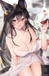 1girl animal_ears black_hair blurry blurry_background breasts choko_(cup) cleavage collarbone covered_navel covering crossed_bangs cup erune flower granblue_fantasy hair_between_eyes hair_ornament highres holding holding_cup ilsa_(granblue_fantasy) ilsa_(yukata)_(granblue_fantasy) large_breasts looking_at_viewer nude_cover onsen open_mouth red_eyes red_flower sitting smile solo steam twitter_username white_towel yuntae 