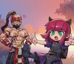  1boy 1girl abs animal_ears annie_(league_of_legends) bear_ears beard blindfold blunt_bangs closed_mouth facial_hair grass green_eyes heart league_of_legends lee_sin muscular muscular_male navel open_mouth outdoors phantom_ix_row ponytail red_hair short_hair short_sleeves sky smile topless_male tree 