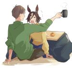  1boy 1girl absurdres animal_ears blush brown_hair cup ear_ornament green_sweater hair_over_one_eye highres hiyo_(2016.10) holding holding_cup horse_ears horse_girl kotatsu long_sleeves multicolored_hair short_hair sweater table trainer_(umamusume) umamusume under_kotatsu under_table vodka_(umamusume) yellow_sweater 