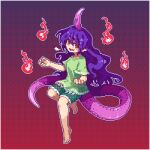  1girl barefoot fang fire full_body green_shirt green_shorts horns kumamoto_(bbtonhk2) long_hair lowres open_mouth pixel_art purple_hair purple_horns red_eyes shirt short_sleeves shorts single_horn smile solo tail tenkajin_chiyari test_tube touhou 