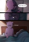  199_yohan 2023 anthro bear bed biped comic detailed_background duo english_text furniture hi_res lying mammal padre_(unicorn_wars) pillow purple_body sargento_caricias text unicorn_wars 