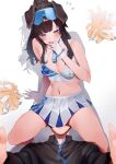  1boy 1girl absurdres animal_ears black_hair blue_archive blush breasts cheerleader detached_collar dog_ears eyewear_on_head facial_mark gloves halterneck hibiki_(blue_archive) hibiki_(cheer_squad)_(blue_archive) highres long_hair medium_breasts millennium_cheerleader_outfit_(blue_archive) navel open_mouth pleated_skirt pom_pom_(cheerleading) purple_eyes rororo safety_glasses sensei_(blue_archive) simple_background skirt star_(symbol) tagme white_background white_gloves white_skirt 