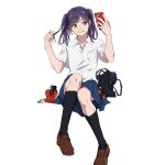  1girl bag black_socks cellphone commentary_request cosmetics flat_chest highres holding holding_phone kneehighs lipstick_tube loafers miniskirt orange_eyes original phone pleated_skirt purple_hair school_bag school_uniform selfie shoes skirt smartphone socks solo twintails yonchi 