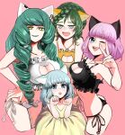  4girls animal_cutout animal_ears anne_petriceani bell black_bra black_panties bra breasts cat_cutout cat_ear_panties cat_ears cat_lingerie cleavage_cutout clothing_cutout dress fiore_brunelli frilled_bra frills highres jingle_bell long_hair looking_at_viewer meme_attire miki_sauvester multiple_girls open_mouth panties paw_pose relia_(star_ocean) short_hair side-tie_panties simple_background smile sowasan_(sowasowa) star_ocean star_ocean_integrity_and_faithlessness underwear underwear_only white_bra 