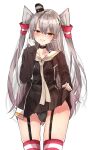  1girl amatsukaze_(kancolle) amatsukaze_kai_ni_(kancolle) black_choker black_panties brown_dress brown_eyes chigasaki_yukari choker clothes_lift commentary_request dress dress_lift garter_straps gloves grey_hair grey_neckerchief hair_tubes hat kantai_collection long_hair looking_at_viewer mini_hat neckerchief panties parted_lips red_thighhighs sailor_collar short_dress simple_background single_glove smokestack_hair_ornament solo striped striped_thighhighs thighhighs two_side_up underwear white_background white_gloves white_sailor_collar 