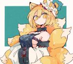  1girl animal_ears blonde_hair breasts closed_mouth fox_ears fox_tail hands_in_opposite_sleeves hat highres kitsune large_breasts looking_at_viewer massakasama mob_cap multiple_tails short_hair sideboob slit_pupils solo tail touhou upper_body white_headwear yakumo_ran yellow_eyes 