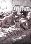  2boys bad_id bad_tumblr_id bara black_hair blonde_hair book chest_hair couple cris_art desk_lamp feet_out_of_frame from_above greyscale holding holding_book hulkling lamp lying male_focus marvel monochrome multiple_boys nipples nude on_back on_bed pectorals pillow reading shared_blanket short_hair sideburns smile thick_eyebrows toned toned_male wiccan yaoi 