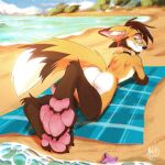  anthro beach butt canid canine fox hi_res jaminymiller male mammal nsfw nude pawpads paws ramaelfox seaside solo 