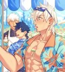  3boys abs alternate_costume archer_(fate) bara bare_pectorals black_hair blue_eyes closed_mouth collarbone eyewear_on_head fate/grand_order fate_(series) food food_in_mouth food_on_body food_on_pectorals fujimaru_ritsuka_(male) hair_between_eyes hawaiian_shirt highres holding holding_food holding_ice_cream ice_cream large_pectorals looking_to_the_side male_focus melting multiple_boys muscular muscular_male pectorals percival_(fate) popsicle popsicle_in_mouth shirt short_hair smile twitter_username watermelon_bar white_hair yaekaidou 