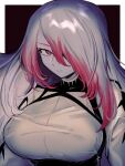  1girl a_(poipiku_325815) asmodeus_(megido72) black_background border breasts closed_mouth commentary_request expressionless hair_over_one_eye large_breasts long_hair looking_at_viewer megido72 multicolored_hair red_eyes red_hair shirt solo two-tone_hair upper_body white_border white_hair white_shirt 