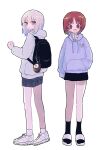  2girls absurdres backpack bag black_skirt black_socks blue_eyes blue_hoodie blue_skirt boko_(girls_und_panzer) brown_eyes brown_hair casual closed_mouth drawstring girls_und_panzer grey_hair grey_hoodie hand_in_pocket highres hood hood_down hoodie itsumi_erika light_frown long_sleeves looking_at_viewer looking_back medium_hair miniskirt multiple_girls nishizumi_miho open_mouth plaid plaid_skirt ri_(qrcode) sandals shoes short_hair simple_background skirt sleeves_past_wrists smile sneakers socks standing white_background white_footwear white_socks 