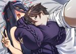  1boy 1girl bare_shoulders black_hair blush borrowed_character breasts brown_eyes brown_hair embarrassed gigantic_breasts goth_girl_(lero_ray) huge_breasts long_hair looking_at_viewer nose_blush open_mouth original purple_eyes toudori v 