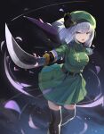  1girl :o alternate_costume aqua_eyes beret black_gloves black_thighhighs bob_cut dark_background dress falken_(yutozin) feet_out_of_frame foreshortening gloves green_dress green_headwear hat highres holding holding_sword holding_weapon katana konpaku_youmu long_sleeves looking_at_viewer open_mouth outstretched_arms petals photoshop_(medium) pleated_dress revision solo standing sword thighhighs touhou weapon white_hair zettai_ryouiki 