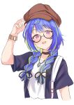  1girl alternate_costume bespectacled black-framed_eyewear black_ribbon black_shirt blue_hair blush braid breasts brown_headwear cabbie_hat commentary_request contemporary fingernails glasses green_hair hair_over_shoulder hair_ribbon hat highres hiyoku_no_crosspiece jewelry kaito_(kaito921125) long_hair looking_at_viewer medium_bangs mole mole_under_eye multicolored_hair nanashi_inc. necklace open_clothes open_mouth open_shirt pink_eyes ribbon round_eyewear semi-rimless_eyewear shirt simple_background small_breasts smile solo suzumi_nemo twin_braids twintails two-tone_hair under-rim_eyewear undershirt upper_body virtual_youtuber watch white_background white_shirt wristwatch 