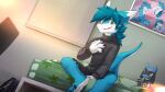  16:9 anthro bed blue_body blue_eyes blue_fur blue_hair blue_tail bottomwear cheek_tuft clothing dark_shorts dragon dutch_angle facial_tuft front_view fur furniture furred_dragon grey_bottomwear grey_clothing grey_shorts grey_topwear hair hand_on_chest hi_res kuttoyaki looking_at_viewer male on_bed plushie shorts sitting smile solo tail topwear tuft white_body white_fur white_tail widescreen 
