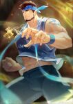  1boy abs aerokinesis arm_tattoo bara bare_arms beard black_hair blue_headband blue_shirt brucie_(infighter821) bulge chain_necklace commission cross cross_necklace dungeon_and_fighter facial_hair feet_out_of_frame fighting_stance headband highres jewelry large_hands large_pectorals looking_away male_focus male_priest_(dungeon_and_fighter) mature_male midriff_peek muscular muscular_male my_eight navel necklace nipples pants pectorals second-party_source shirt short_hair sideburns sleeveless sleeveless_shirt smile solo sparkle stomach tattoo thick_thighs thighs wind 