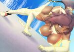  1girl all_fours bare_shoulders bleach bleach:_the_thousand-year_blood_war blue_sky breasts cat_tail cleavage cloud commentary_request dark-skinned_female dark_skin dutch_angle electricity eyebrows_hidden_by_hair eyelashes feet fighting_stance floating_hair grin hair_ears hanging_breasts highres large_breasts legs long_hair looking_to_the_side max_(maxlikeapicture) muscular muscular_female nude on_floor parted_bangs ponytail purple_hair sharp_toenails shihouin_yoruichi shiny_skin sky smile solo spoilers tail thighs tiptoes toenails top-down_bottom-up yellow_eyes 