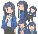  1girl angry black_hair black_skirt blue_cardigan blue_eyes blush buttons cardigan closed_eyes constricted_pupils dot_pupils green_ribbon hand_up hands_on_own_chest hands_on_own_hips idolmaster idolmaster_million_live! long_hair long_sleeves looking_at_viewer mogami_shizuka multiple_views open_mouth ribbon shirt sidelocks skirt smile tsubobot upper_body v-shaped_eyebrows white_shirt 