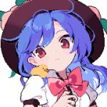  1girl ahiru_tokotoko black_headwear blue_hair blush buttons center_frills closed_mouth collared_shirt frills fruit_hat_ornament hat_ornament highres hinanawi_tenshi long_hair peach_hat_ornament pixel_art puffy_short_sleeves puffy_sleeves red_eyes shirt short_sleeves simple_background solo touhou upper_body white_background white_shirt 