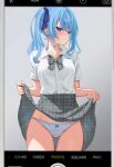  1girl absurdres ass_visible_through_thighs blue_eyes blue_hair blue_ribbon blush bow bowtie breasts clothes_lift collared_shirt grey_skirt hair_ribbon highres hololive hoshimachi_suisei lifted_by_self o29sukizero panties parted_lips phone_screen plaid plaid_bow plaid_bowtie plaid_skirt ribbon shirt shirt_tucked_in side_ponytail skirt skirt_lift small_breasts solo underwear v-shaped_eyebrows viewfinder virtual_youtuber white_panties white_shirt 