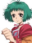  1girl black_eyes choker clenched_hand commentary_request farah_oersted green_hair highres looking_at_viewer red_choker shirako_(kirupi) short_hair simple_background solo tales_of_(series) tales_of_eternia white_background 