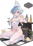  1girl absurdres ahoge barcode bare_shoulders blue_hair breasts champagne_bottle covered_navel cup duzizai full_body hair_between_eyes high_heels highres holding holding_cup leotard looking_at_viewer manjuu_(azur_lane) neptune_(series) playboy_bunny power_symbol red_eyes see-through see-through_leotard short_hair_with_long_locks skindentation small_breasts solo symbol-shaped_pupils thighhighs white_footwear white_heart white_leotard white_thighhighs wrist_cuffs 