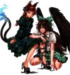  2girls absurdres animal_ears black_wings blunt_bangs bow braid breasts cat_ears commentary_request dress extra_ears flame-tipped_tail full_body green_bow green_skirt hair_bow high_heels highres kaenbyou_rin korean_commentary kuya_(hey36253625) light_smile long_hair medium_breasts multiple_girls multiple_tails nekomata red_eyes red_hair reiuji_utsuho revision shirt skirt tail touhou twin_braids two_tails wings 