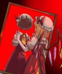  1girl anzu_remilia blonde_hair crystal facing_away flandre_scarlet from_behind hands_up hat hat_ribbon medium_hair mirror mob_cap puffy_sleeves red_background reflection ribbon short_sleeves solo touhou vampire wings 