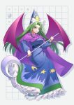  1girl absurdres blue_dress blue_headwear cape character_name crescent_print dress frilled_dress frills green_eyes green_hair guumin hat highres holding long_hair long_sleeves mima_(touhou) open_mouth purple_cape purple_wings smile solo star_(symbol) star_print story_of_eastern_wonderland touhou touhou_(pc-98) wings 