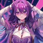  1girl absurdres arms_up artist_name between_breasts blood bra breasts cleavage collared_shirt doki_doki_literature_club hair_between_eyes hair_intakes hair_ornament hairclip highres knife large_breasts long_hair long_sleeves looking_at_viewer meijio3 multicolored_background neck_ribbon pink_background purple_background purple_bra purple_eyes purple_hair red_ribbon ribbon shiny_skin shirt tears teeth underwear upper_body watermark yuri_(doki_doki_literature_club) 