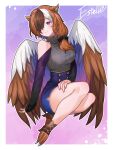  1girl absurdres animal_ears animal_feet bird_wings blue_skirt brown_hair brown_wings claws closed_mouth clothing_cutout estelle_(cieluscian) feathered_wings full_body gradient_background gradient_eyes grey_sweater hair_ornament hair_over_one_eye hair_over_shoulder hair_scrunchie harpy high-waist_skirt highres long_hair long_sleeves low_ponytail monster_girl multicolored_background multicolored_eyes multicolored_hair original pink_background pink_eyes purple_background purple_eyes scrunchie second-party_source shoulder_cutout sitting skirt sleeveless sleeveless_sweater sleeves_past_wrists solo streaked_hair sweater tokitou_fuji turtleneck turtleneck_sweater white_hair wings 