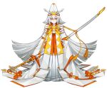  &gt;:( 1girl closed_mouth colored_eyelashes frown full_body hair_between_eyes hat kartana katagiri_hachigou katana long_hair long_sleeves orange_eyes personification pokemon sheath simple_background sleeves_past_fingers sleeves_past_wrists solo sword tassel v-shaped_eyebrows very_long_hair weapon white_background white_hair white_headwear wide_sleeves 