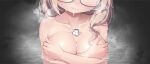  1boy 1girl arona&#039;s_sensei_doodle_(blue_archive) between_breasts blue_archive blush breasts bust_cup chinatsu_(blue_archive) chinatsu_(hot_spring)_(blue_archive) collarbone commentary_request covering_breasts covering_privates glasses grey_hair head_out_of_frame heart highres large_breasts long_hair mini_person miniboy nude onsen partially_submerged pekenpon sensei_(blue_archive) smile spoken_heart steam water wet 