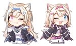  2girls ;d ;p animal_ear_fluff animal_ears bandaid_hair_ornament black_jacket blonde_hair blue_eyes blue_hair blue_hairband blush chibi cropped_jacket crossed_bangs dog_ears dog_girl dog_tail double-parted_bangs dress fake_horns fuwawa_abyssgard hair_between_eyes hair_ornament hairband hairclip highres hololive hololive_english horns jacket long_hair long_sleeves mococo_abyssgard moon_ldl multicolored_hair multiple_girls one_eye_closed open_mouth pink_eyes pink_hair pink_hairband short_hair siblings simple_background sisters smile streaked_hair tail tongue tongue_out twins two_side_up virtual_youtuber white_background white_dress 