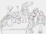  5girls ? ahoge black_gloves bra brown_jacket character_request collared_shirt commander_(girls&#039;_frontline) confused girls&#039;_frontline gloves hexaa highres jacket m200_(girls&#039;_frontline) messy_hair miniskirt multiple_girls phone searching shirt skirt table twintails underwear worried 