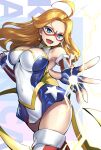  1girl aegis_(nerocc) ahoge ass blonde_hair blue_eyes breasts dangle_earrings earrings elbow_gloves fingerless_gloves gloves highres jewelry kamen_america kamen_america_(comic) large_breasts long_hair looking_at_viewer open_mouth parted_bangs solo star_(symbol) star_earrings tongue 