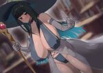  1girl aqua_hair bare_shoulders black_eyes black_hair blunt_bangs blurry blurry_background blush breasts choker cleavage collarbone colored_inner_hair dutch_angle elbow_gloves gloves hat heart highres huge_breasts long_hair multicolored_hair original revealing_clothes utiwa008 witch witch_hat 