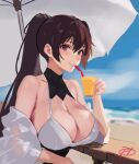  1girl beach beach_umbrella bikini blush breasts brown_hair cleavage cloud cup drinking_straw hair_between_eyes haruto_(harut_n) holding kantai_collection large_breasts long_hair looking_at_viewer one-hour_drawing_challenge ponytail red_eyes signature sky solo swimsuit twitter_username umbrella upper_body yamato_(kancolle) 