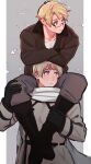  2boys ahoge america_(hetalia) axis_powers_hetalia black_gloves blonde_hair blue_eyes carrying crossed_arms glasses gloves highres jacket looking_to_the_side male_focus multiple_boys parted_lips piggyback purple_eyes russia_(hetalia) scarf smile xd_aznad 