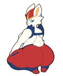  2023 anthro big_breasts big_butt biped blue_eyes breasts butt cheek_tuft cinderace digitalpelican facial_tuft feet female generation_8_pokemon hand_on_leg hi_res kneeling looking_at_viewer looking_back looking_back_at_viewer nintendo pokemon pokemon_(species) pseudo_clothing rear_view red_body scut_tail short_tail signature simple_background slightly_chubby smile solo tail thick_thighs tuft white_background white_body 